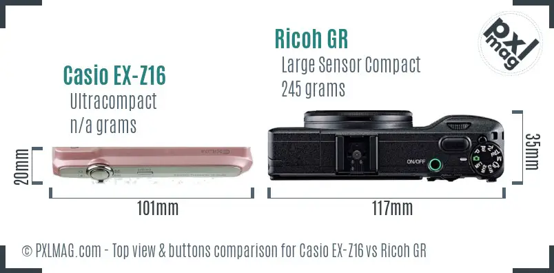 Casio EX-Z16 vs Ricoh GR top view buttons comparison