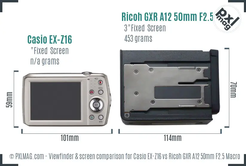 Casio EX-Z16 vs Ricoh GXR A12 50mm F2.5 Macro Screen and Viewfinder comparison