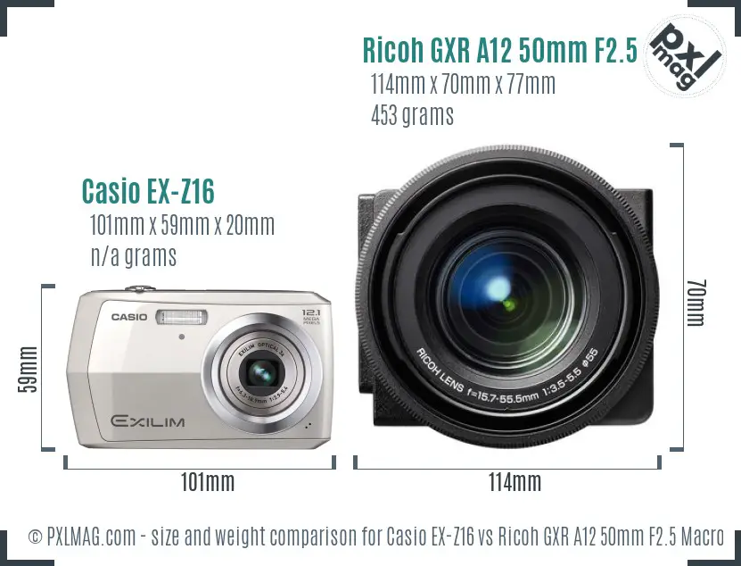 Casio EX-Z16 vs Ricoh GXR A12 50mm F2.5 Macro size comparison