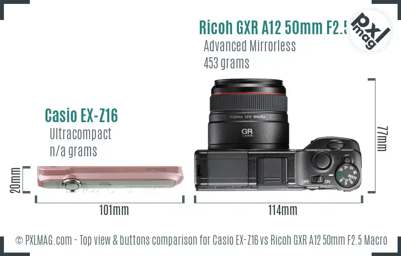 Casio EX-Z16 vs Ricoh GXR A12 50mm F2.5 Macro top view buttons comparison