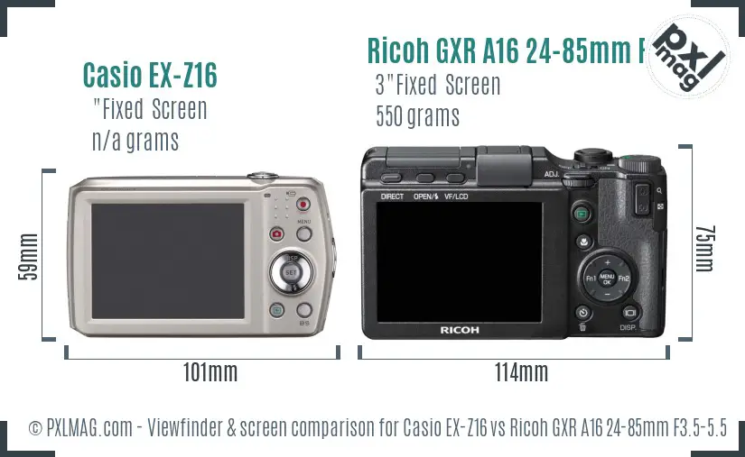 Casio EX-Z16 vs Ricoh GXR A16 24-85mm F3.5-5.5 Screen and Viewfinder comparison Casio EX-Z16 vs Ricoh GXR A16 24-85mm F3.5-5.5 Screen and Viewfinder comparison