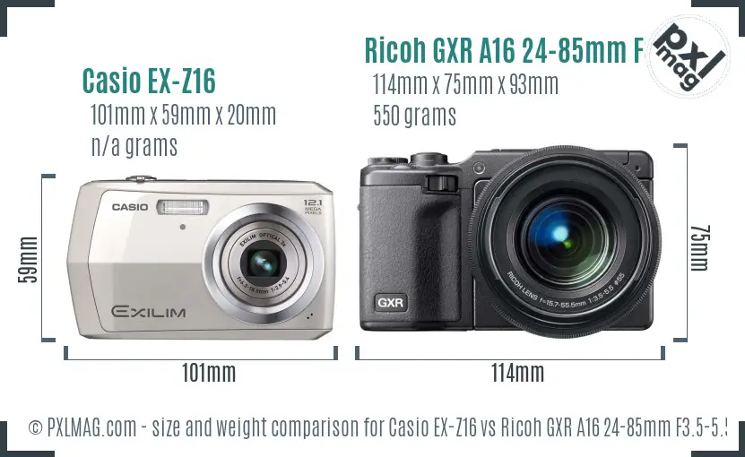 Casio EX-Z16 vs Ricoh GXR A16 24-85mm F3.5-5.5 size comparison Casio EX-Z16 vs Ricoh GXR A16 24-85mm F3.5-5.5 size comparison