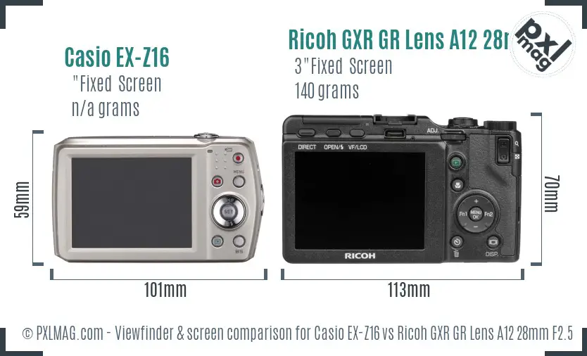 Casio EX-Z16 vs Ricoh GXR GR Lens A12 28mm F2.5 Screen and Viewfinder comparison