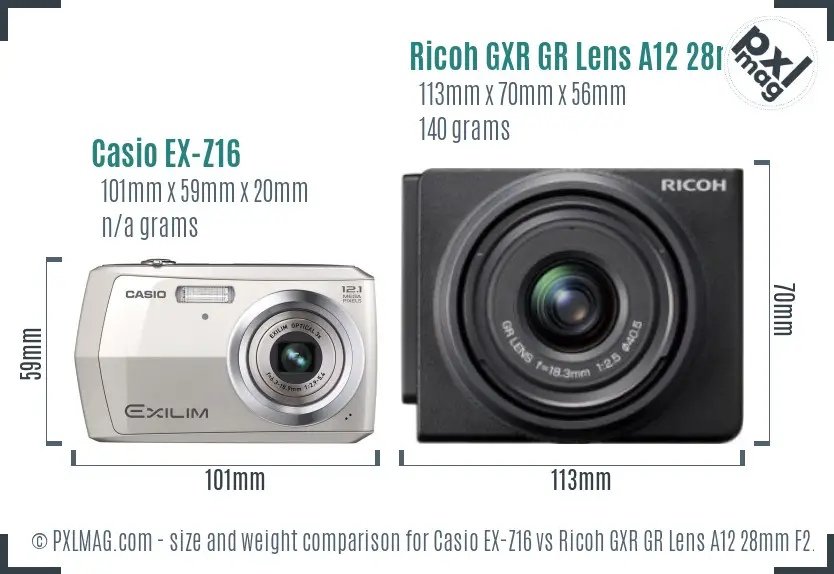 Casio EX-Z16 vs Ricoh GXR GR Lens A12 28mm F2.5 size comparison