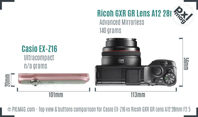 Casio EX-Z16 vs Ricoh GXR GR Lens A12 28mm F2.5 top view buttons comparison