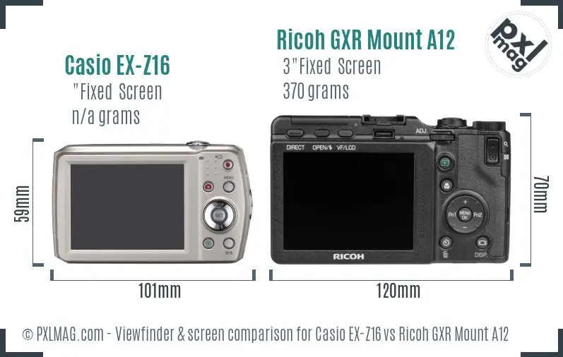Casio EX-Z16 vs Ricoh GXR Mount A12 Screen and Viewfinder comparison