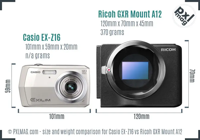 Casio EX-Z16 vs Ricoh GXR Mount A12 size comparison