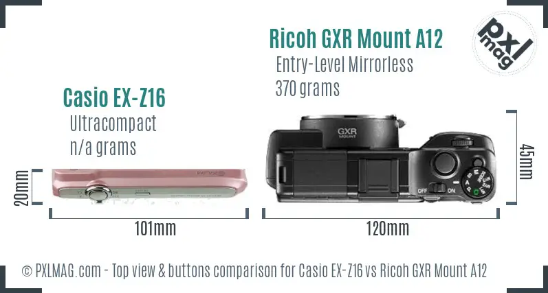 Casio EX-Z16 vs Ricoh GXR Mount A12 top view buttons comparison