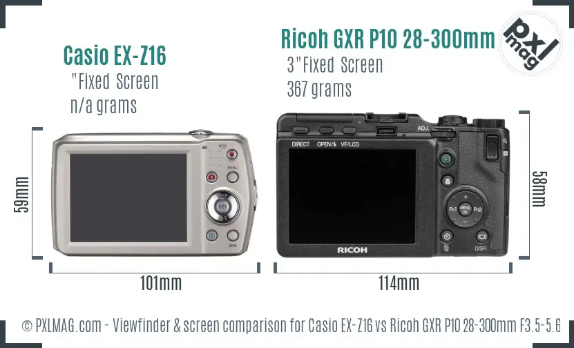 Casio EX-Z16 vs Ricoh GXR P10 28-300mm F3.5-5.6 VC Screen and Viewfinder comparison