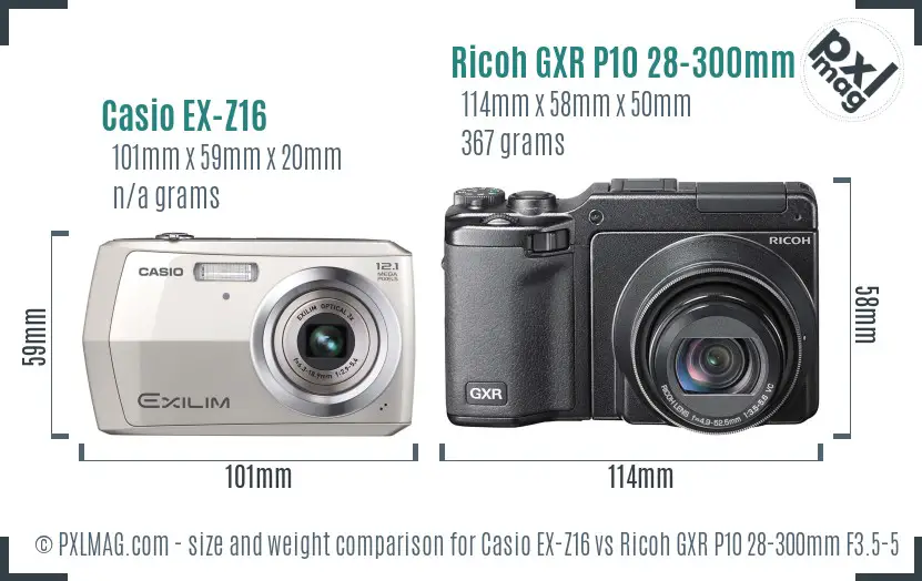 Casio EX-Z16 vs Ricoh GXR P10 28-300mm F3.5-5.6 VC size comparison