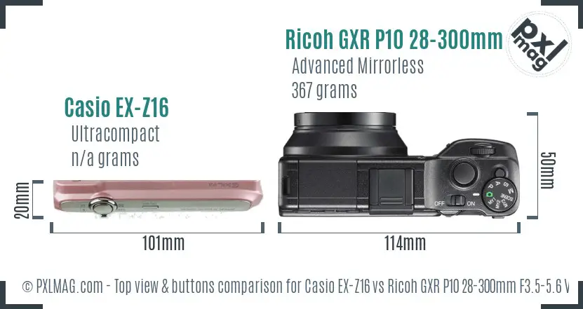 Casio EX-Z16 vs Ricoh GXR P10 28-300mm F3.5-5.6 VC top view buttons comparison