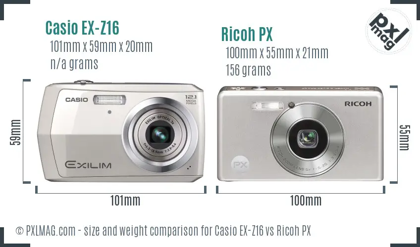 Casio EX-Z16 vs Ricoh PX size comparison