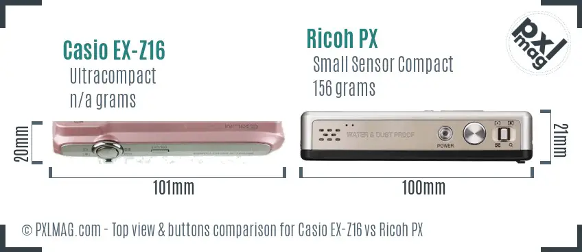 Casio EX-Z16 vs Ricoh PX top view buttons comparison