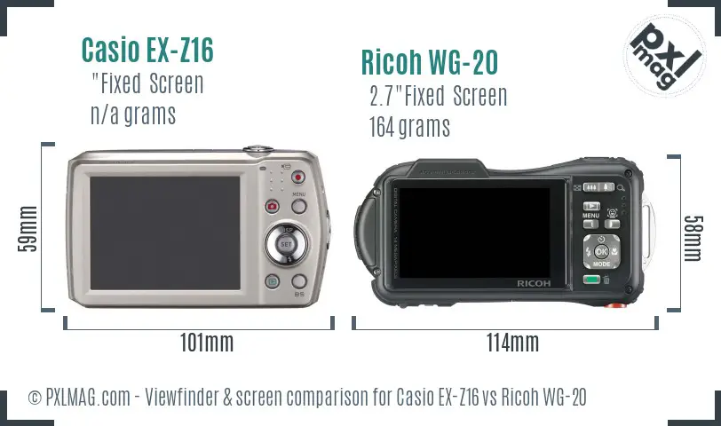 Casio EX-Z16 vs Ricoh WG-20 Screen and Viewfinder comparison