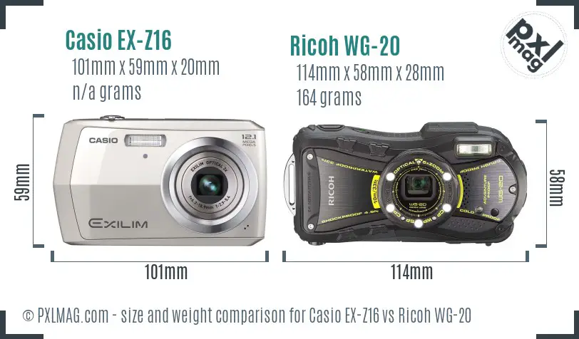 Casio EX-Z16 vs Ricoh WG-20 size comparison