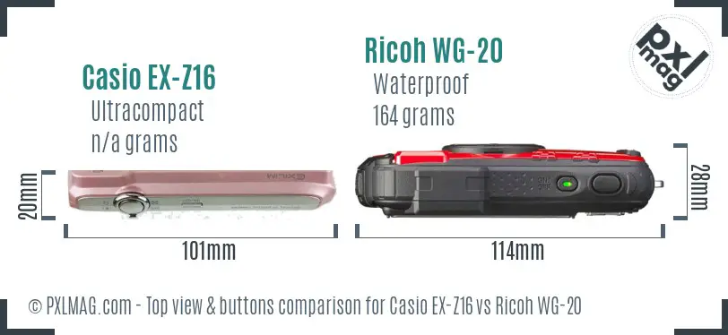 Casio EX-Z16 vs Ricoh WG-20 top view buttons comparison