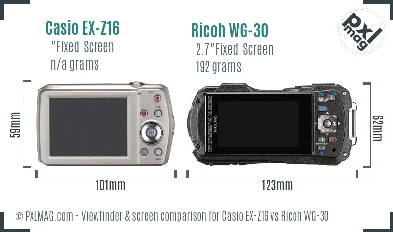 Casio EX-Z16 vs Ricoh WG-30 Screen and Viewfinder comparison