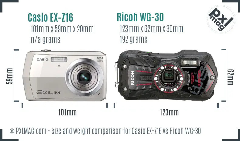 Casio EX-Z16 vs Ricoh WG-30 size comparison