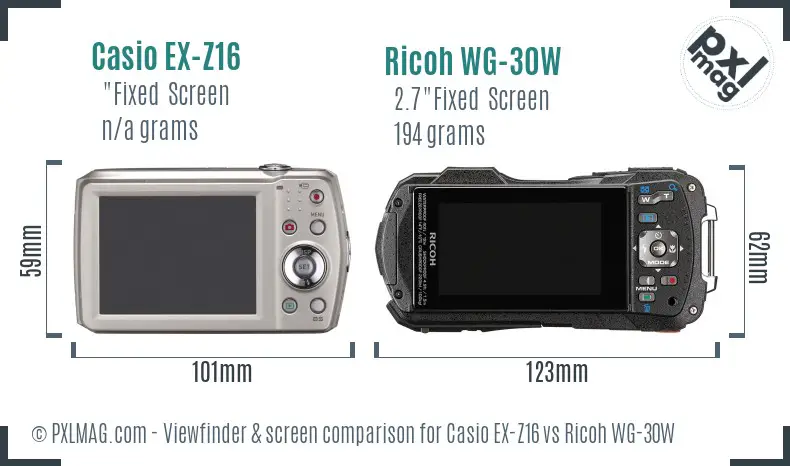 Casio EX-Z16 vs Ricoh WG-30W Screen and Viewfinder comparison