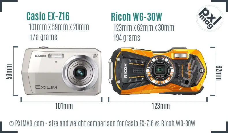 Casio EX-Z16 vs Ricoh WG-30W size comparison