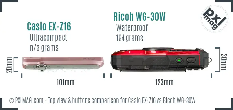 Casio EX-Z16 vs Ricoh WG-30W top view buttons comparison