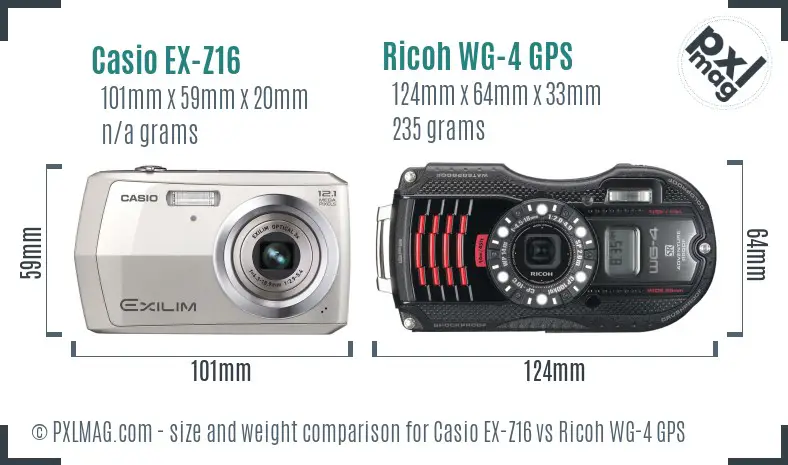 Casio EX-Z16 vs Ricoh WG-4 GPS size comparison