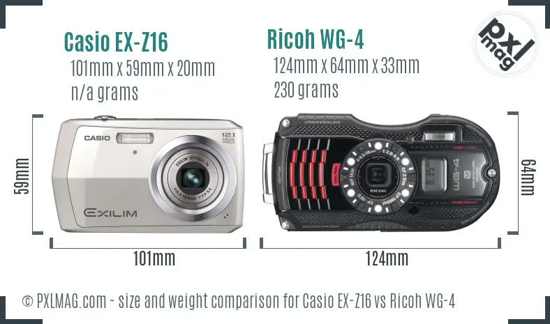 Casio EX-Z16 vs Ricoh WG-4 size comparison