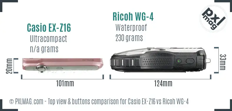 Casio EX-Z16 vs Ricoh WG-4 top view buttons comparison