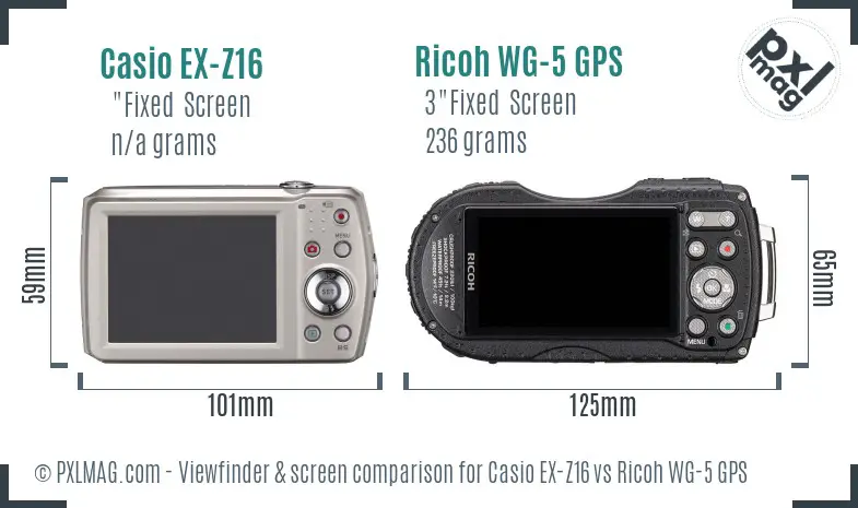 Casio EX-Z16 vs Ricoh WG-5 GPS Screen and Viewfinder comparison