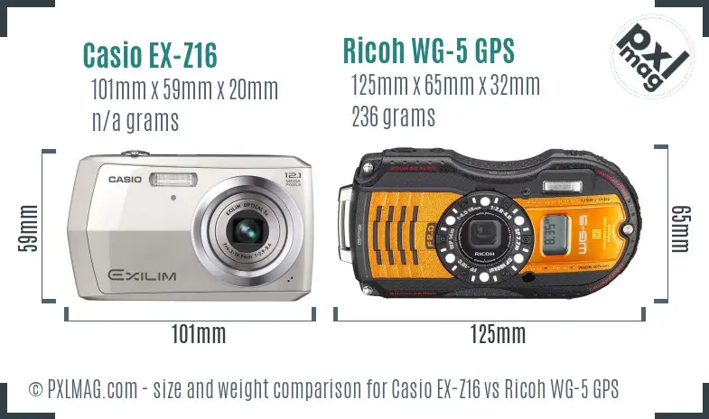 Casio EX-Z16 vs Ricoh WG-5 GPS size comparison