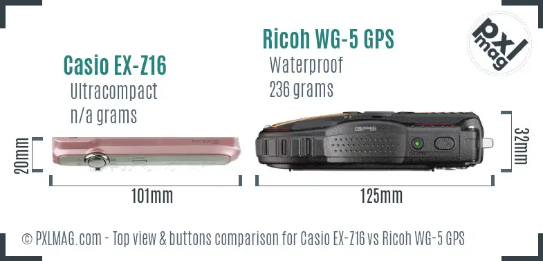Casio EX-Z16 vs Ricoh WG-5 GPS top view buttons comparison