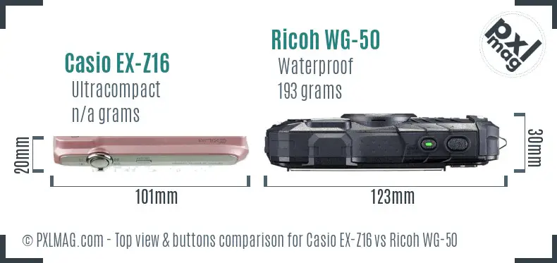 Casio EX-Z16 vs Ricoh WG-50 top view buttons comparison Casio EX-Z16 vs Ricoh WG-50 top view buttons comparison