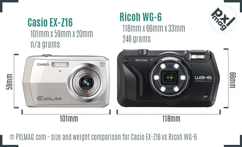 Casio EX-Z16 vs Ricoh WG-6 size comparison Casio EX-Z16 vs Ricoh WG-6 size comparison