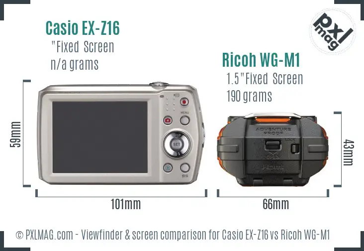 Casio EX-Z16 vs Ricoh WG-M1 Screen and Viewfinder comparison