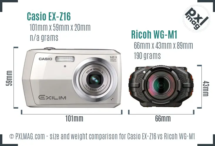 Casio EX-Z16 vs Ricoh WG-M1 size comparison