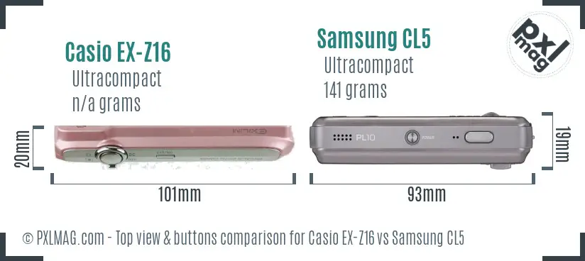 Casio EX-Z16 vs Samsung CL5 top view buttons comparison