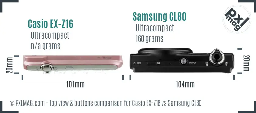 Casio EX-Z16 vs Samsung CL80 top view buttons comparison Casio EX-Z16 vs Samsung CL80 top view buttons comparison