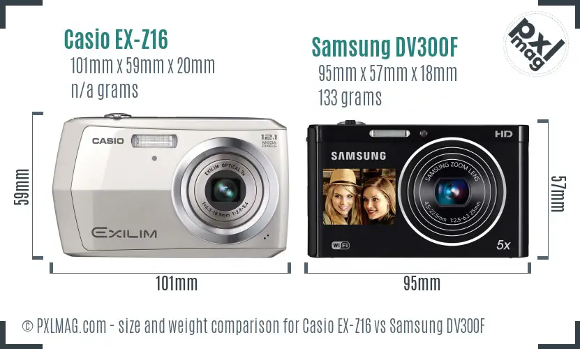 Casio EX-Z16 vs Samsung DV300F size comparison