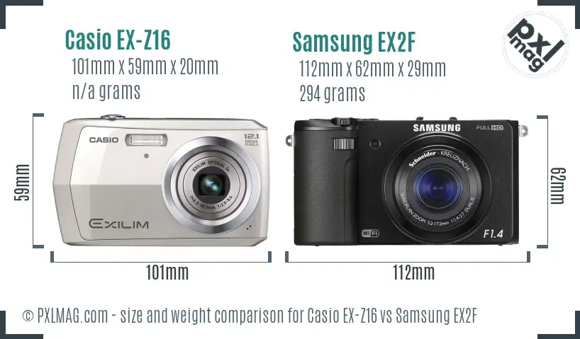 Casio EX-Z16 vs Samsung EX2F size comparison