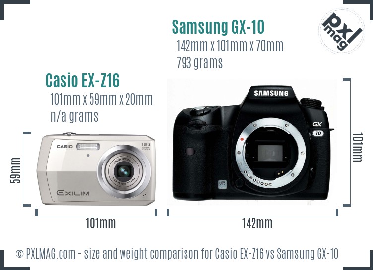 Casio EX-Z16 vs Samsung GX-10 size comparison