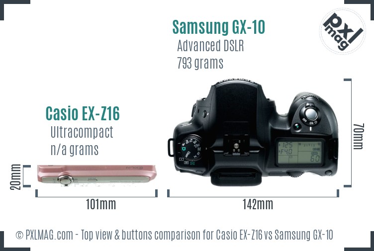 Casio EX-Z16 vs Samsung GX-10 top view buttons comparison
