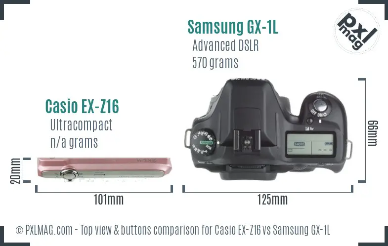 Casio EX-Z16 vs Samsung GX-1L top view buttons comparison