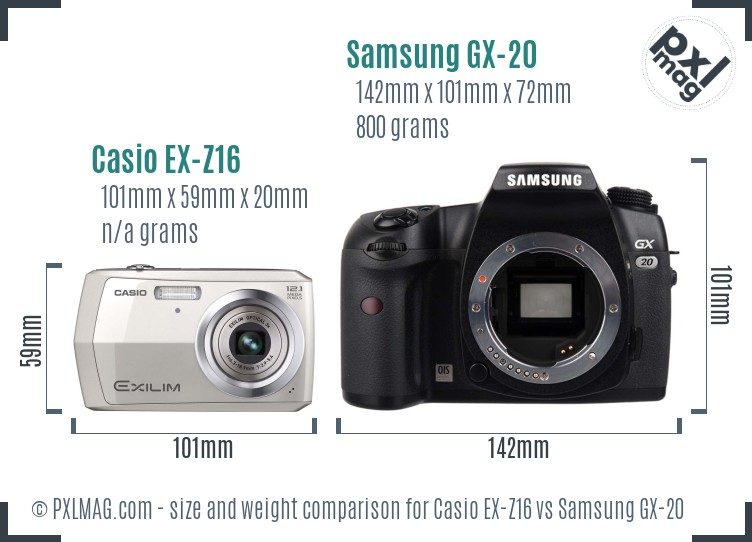 Casio EX-Z16 vs Samsung GX-20 size comparison Casio EX-Z16 vs Samsung GX-20 size comparison