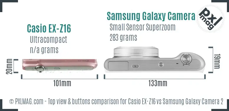 Casio EX-Z16 vs Samsung Galaxy Camera 2 top view buttons comparison