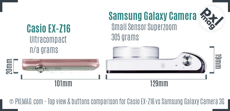 Casio EX-Z16 vs Samsung Galaxy Camera 3G top view buttons comparison