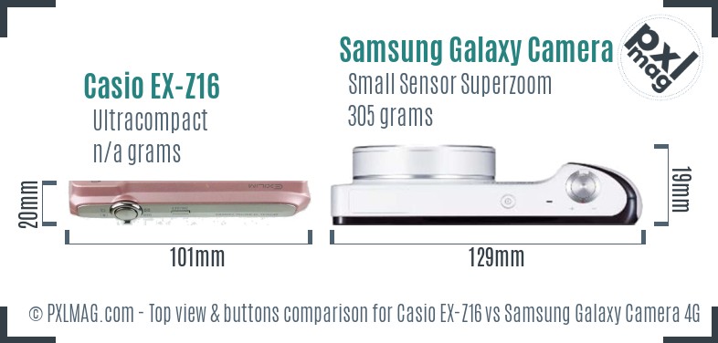 Casio EX-Z16 vs Samsung Galaxy Camera 4G top view buttons comparison