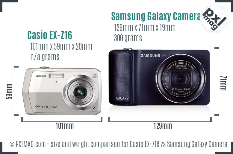 Casio EX-Z16 vs Samsung Galaxy Camera size comparison Casio EX-Z16 vs Samsung Galaxy Camera size comparison