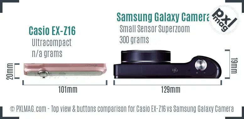 Casio EX-Z16 vs Samsung Galaxy Camera top view buttons comparison Casio EX-Z16 vs Samsung Galaxy Camera top view buttons comparison