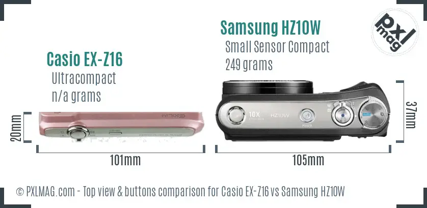 Casio EX-Z16 vs Samsung HZ10W top view buttons comparison Casio EX-Z16 vs Samsung HZ10W top view buttons comparison