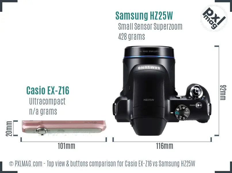 Casio EX-Z16 vs Samsung HZ25W top view buttons comparison Casio EX-Z16 vs Samsung HZ25W top view buttons comparison